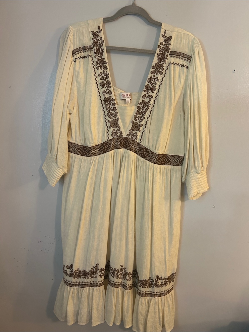 Shyanne Cream Midi Dress with Brown Embroidery